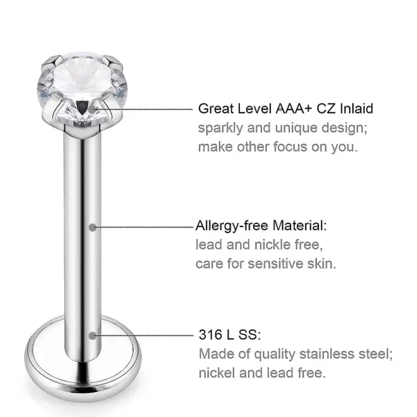 16G Steel Lip Rings Studs with Acrylic and CZ - Image 2