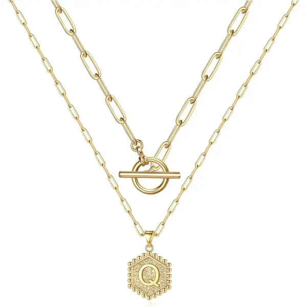 14K Gold Plating Initial Choker Layered Necklace with Hexagon Pendant in Brass - Image 3