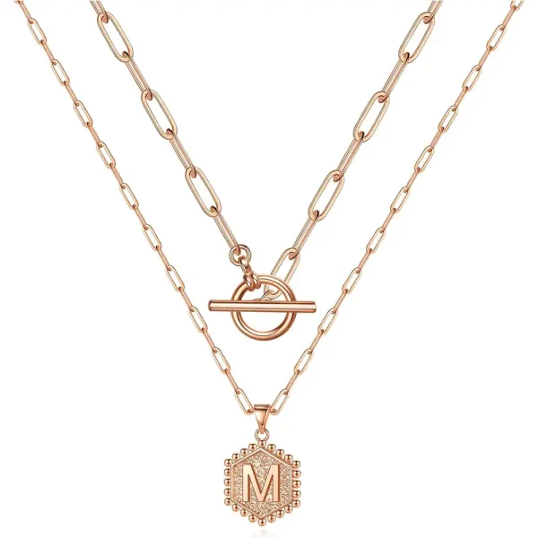 14K Gold Plating Initial Choker Layered Necklace with Hexagon Pendant in Brass