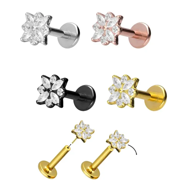 Gold Pvd Flower Cz Threadless Titanium Push Pin Labret