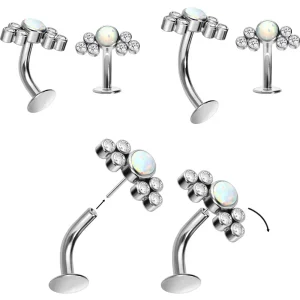 White Opalite+6 Clear CZ Titanium Threadless Floating Belly Button Ring (Flat Disk)